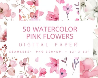 50 Watercolor Pink Flowers Digital Paper - Seamless Printable, Digital ...