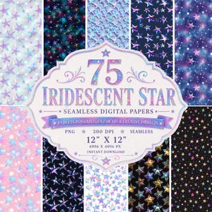 Op de afbeelding: Een verzameling van 75 naadloze digitale papieren met iriserende sterren. De papieren bevatten verschillende sterpatronen in tinten blauw, paars, roze en goud. Elk papier is 30,48 cm x 30,48 cm en geschikt voor creatieve projecten. De tekst "Iridescent Star" is inbegrepen.