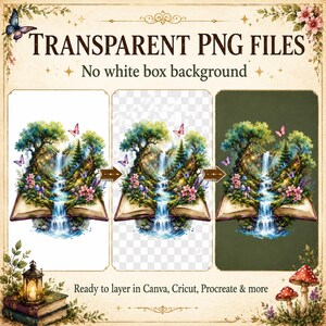 Puede incluir: Imagen de archivos PNG transparentes con tem&aacute;tica de fantas&iacute;a. Una escena de cascada emerge de un libro abierto, con mariposas y flores. El texto dice: "TRANSPARENT PNG FILES" y "No white box background".
