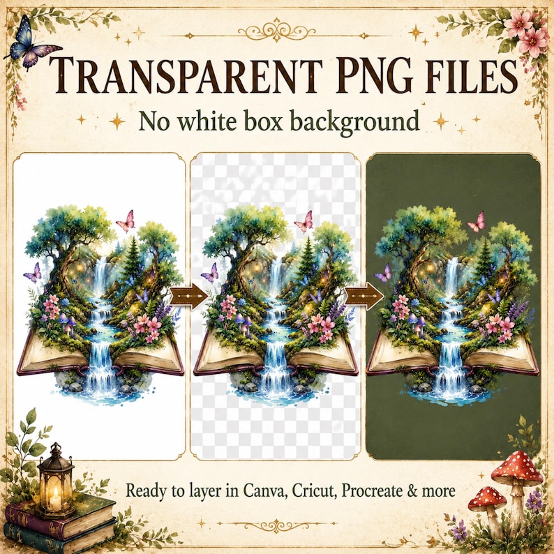 Puede incluir: Imagen de archivos PNG transparentes con tem&aacute;tica de fantas&iacute;a. Una escena de cascada emerge de un libro abierto, con mariposas y flores. El texto dice: "TRANSPARENT PNG FILES" y "No white box background".