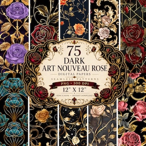 May include: A collection of 75 dark Art Nouveau rose digital papers with seamless patterns. The designs feature roses in various colors, including red, purple, and gold, set against a black background. Each paper is 12" x 12" and is available for instant download.