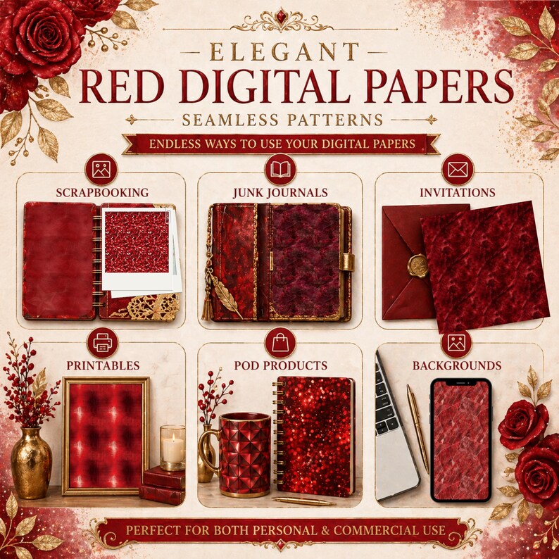 Elegant Red Seamless Digital Papers | Luxury Textures Pack (digital ...