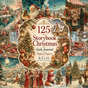May include: A digital collection of 125 Storybook Christmas junk journal papers featuring festive scenes of Santa Claus, decorated trees, snowy villages, and holiday markets. The set includes 8.5 x 11 inch PNG files with 300 DPI resolution.