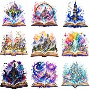 Puede incluir: Una colecci&oacute;n de nueve ilustraciones en acuarela que representan libros abiertos con escenas fant&aacute;sticas. Cada libro revela un paisaje m&aacute;gico diferente, incluyendo castillos, bosques y elementos celestiales, representados en colores vibrantes y detalles intrincados.
