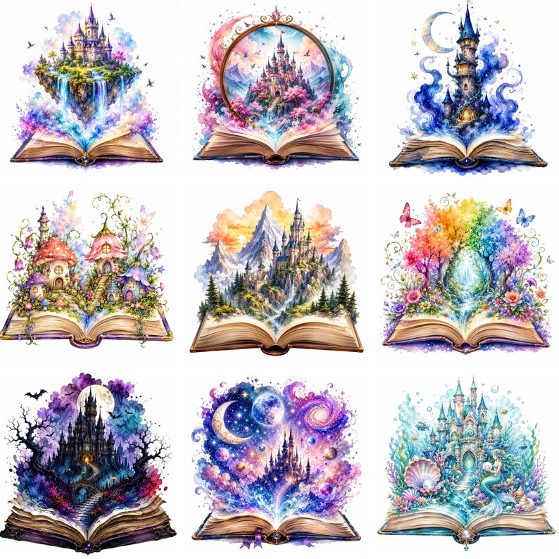 Puede incluir: Una colecci&oacute;n de nueve ilustraciones en acuarela que representan libros abiertos con escenas fant&aacute;sticas. Cada libro revela un paisaje m&aacute;gico diferente, incluyendo castillos, bosques y elementos celestiales, representados en colores vibrantes y detalles intrincados.