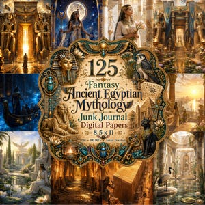 Puede incluir: Una colección digital de 125 papeles para diario de arte sobre mitología egipcia antigua fantástica, tamaño 21,6 x 27,9 cm. El emblema central muestra un faraón, un halcón, una esfinge, un gato negro y una llave, rodeados de escenas egipcias.