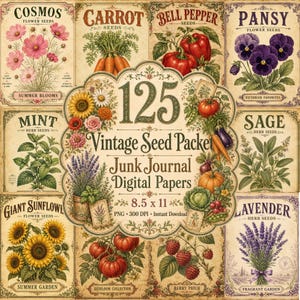 Puede incluir: Una colección de papeles digitales de sobres de semillas de estilo vintage con ilustraciones botánicas de cosmos, zanahorias, pimientos, pensamientos, menta, salvia, girasoles y lavanda con el texto 125 Vintage Seed Packet Junk Journal Digital Papers.