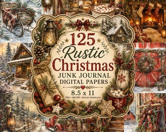 Puede incluir: Una colección de papel digital titulada 125 Rustic Christmas Junk Journal Digital Papers 8.5 x 11, que presenta un collage de escenas invernales con cabañas nevadas, camiones rojos, linternas, coronas de pino y tazas de cacao caliente.