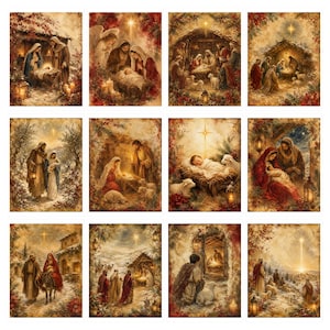 Puede incluir: Una colecci&oacute;n de doce impresiones rectangulares que presentan diversas representaciones art&iacute;sticas de la escena de la Natividad, incluyendo la Sagrada Familia, pastores y animales, todo en una paleta de colores c&aacute;lidos de estilo vintage con luz dorada.