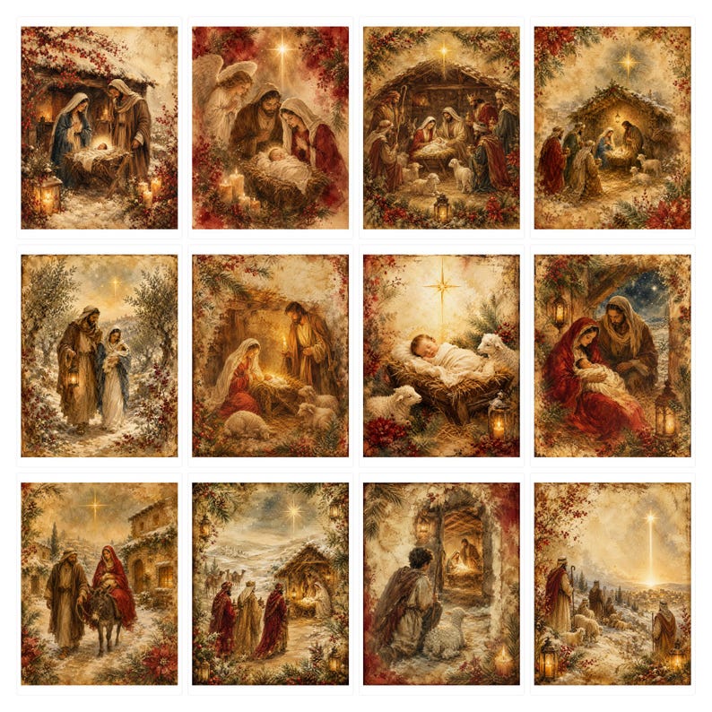 Puede incluir: Una colecci&oacute;n de doce impresiones rectangulares que presentan diversas representaciones art&iacute;sticas de la escena de la Natividad, incluyendo la Sagrada Familia, pastores y animales, todo en una paleta de colores c&aacute;lidos de estilo vintage con luz dorada.