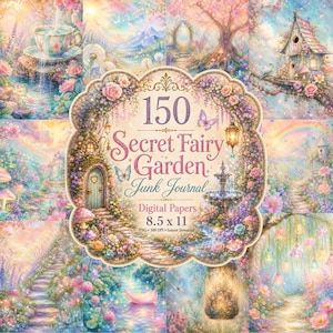 Könnte beinhalten: Eine digitale Papiersammlung mit dem Titel 150 Secret Fairy Garden Junk Journal 8.5 x 11, bestehend aus einer Collage pastellfarbener Illustrationen mit einer Teetasse, einem Feenhaus, einem Steinbrunnen und blumigen Gartenwegen.