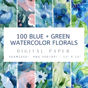May include: 100 digital papers featuring blue and green watercolor floral designs. Each seamless pattern is 12 inches by 12 inches and 300 DPI.