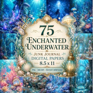 Può includere: Una collezione di arte digitale con 75 carte digitali a tema "Enchanted Underwater". L'opera d'arte comprende scene sottomarine con coralli, conchiglie e meduse. Le carte misurano 21,59 x 27,94 cm e sono disponibili in formato PNG.
