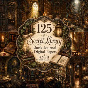 Może przedstawiać: Cyfrowa kolekcja 125 papierów do junk journala Secret Library z centralną, ozdobną etykietą z tekstem, otoczona kolażem ciemnych, nastrojowych wnętrz bibliotek z regałami, świecami, latarniami i otwartymi książkami.