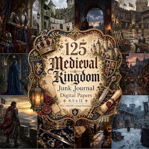 Può includere: Una collezione di carta digitale intitolata 125 Medieval Kingdom Junk Journal con una cornice centrale ornata da una corona, un castello e una spada. Lo sfondo mostra varie scene medievali tra cui cavalieri, castelli e pergamene.