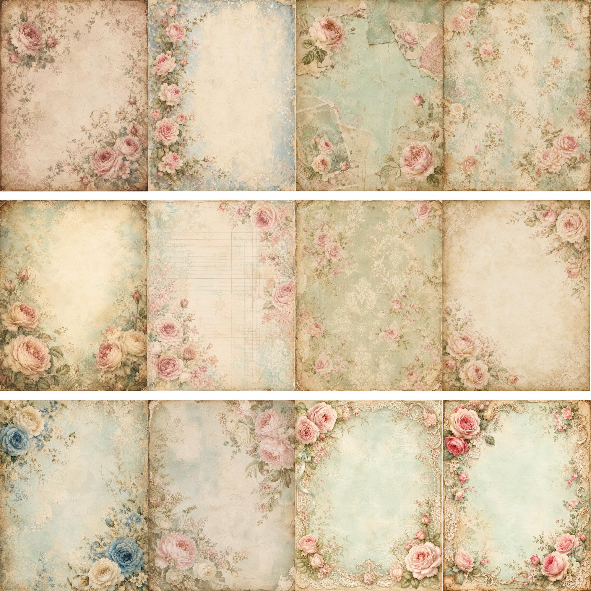 Floral Shabby Chic Digital Papers, Vintage Rose Junk Journal Pages (8.5 ...