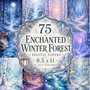 Puede incluir: Un conjunto de papeles digitales con escenas de bosques invernales. El elemento central es un marco decorativo con el texto "75 Enchanted Winter Forest Digital Papers" y dimensiones de 21,59 x 27,94 cm. Las imágenes son en tonos azules y blancos.