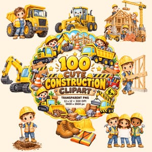 Puede incluir: Una colección de imágenes prediseñadas digitales con temática de construcción que incluye personajes de dibujos animados con cascos amarillos, camiones volquete, excavadoras, grúas y herramientas. El texto 100 CUTE CONSTRUCTION CLIPART es visible.