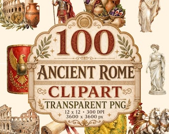 Puede incluir: Ilustraciones en acuarela de la Antigua Roma, incluyendo el Coliseo, soldados romanos, estatuas y cerámica. La imagen presenta el texto "100 ANCIENT ROME CLIPART TRANSPARENT PNG", con dimensiones de 30.48 x 30.48 cm y 3600 x 3600 px.