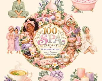 Pode incluir: Uma coleção digital de ilustrações com tema de spa, incluindo pessoas de roupão, uma banheira rosa, velas, chá e detalhes florais. O gráfico circular central exibe o texto 100 SPA CLIPART TRANSPARENT PNG 12 x 12 300 DPI 3600 x 3600 px.
