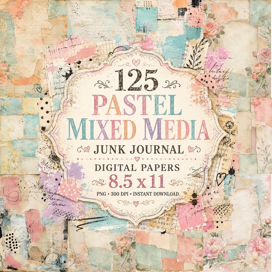 Pastel Mixed Media Junk Journal Pages, Collage Digital Papers (8.5 X 11 ...