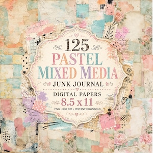 May include: A collage of pastel-colored digital papers for junk journals. The papers are in shades of pink, blue, and beige, with floral and script accents. The image includes the text "125 Pastel Mixed Media Digital Papers 8.5 x 11".