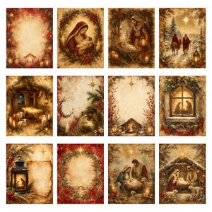 Puede incluir: Una colecci&oacute;n de doce impresiones rectangulares que presentan varias escenas de la natividad, incluyendo la sagrada familia, pesebres y paisajes invernales, todo en una paleta de colores c&aacute;lidos con acentos en rojo y verde.