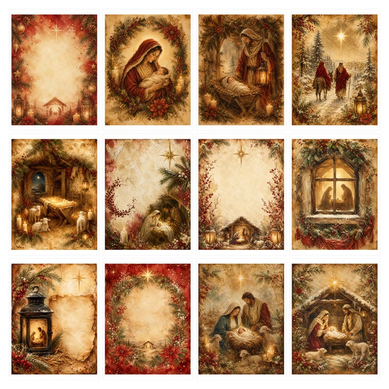Puede incluir: Una colecci&oacute;n de doce impresiones rectangulares que presentan varias escenas de la natividad, incluyendo la sagrada familia, pesebres y paisajes invernales, todo en una paleta de colores c&aacute;lidos con acentos en rojo y verde.