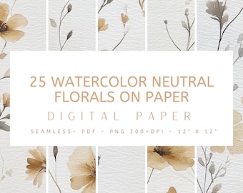 25 aquarel neutrale bloemen op papier - naadloze patronen, digitaal papier, direct downloaden, junkjournal, knutselen, png, ambacht, plakboek