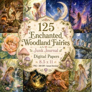 May include: A digital collection of 125 Enchanted Woodland Fairies junk journal papers, featuring various fairy illustrations, mushrooms, and forest scenes. The central text reads 125 Enchanted Woodland Fairies Junk Journal Digital Papers 8.5 x 11.