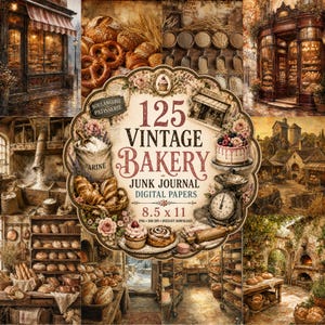 May include: A digital paper collection titled 125 Vintage Bakery Junk Journal featuring various bakery scenes, bread, pastries, and kitchen tools. The central label displays the text 125 VINTAGE BAKERY JUNK JOURNAL DIGITAL PAPERS 8.5 x 11.