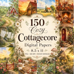 Könnte beinhalten: Ein digitales Papierpaket mit einem gemütlichen Cottagecore-Thema. Das Bild zeigt eine Collage malerischer Szenen, darunter Cottages, Gärten und ein Kamin. Der Text lautet "150 Cozy Cottagecore Digital Papers" und die Größe beträgt 21,6 x 27,9 cm.