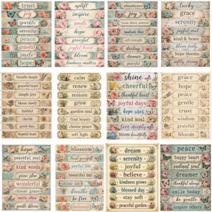 May include: A collection of rectangular labels featuring floral patterns, butterflies, and inspirational words like trust, joy, sparkle, serenity, peace, grateful, smile, hope, uplift, inspire, bloom, kindness, calm, renew, restore, grow, shine, and dream.