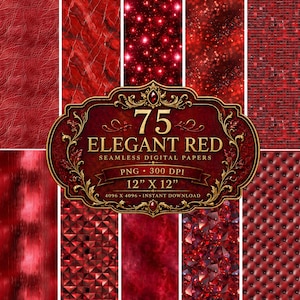 May include: A collection of 75 elegant red seamless digital papers. The image features various textures, including leather, marble, and gem-like patterns. The papers are 12" x 12" and available for instant download.