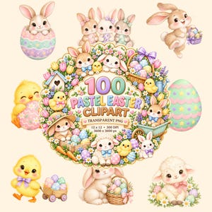 May include: A digital collection of 100 pastel Easter clipart images featuring illustrations of bunnies, chicks, lambs, and decorated eggs. The central graphic displays the text 100 PASTEL EASTER CLIPART, 12 x 12, 300 DPI, 3600 x 3600 px.