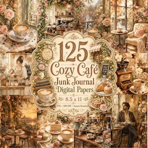 May include: A digital collection of 125 Cozy Café junk journal papers featuring various cafe scenes with coffee cups, pastries, and floral arrangements. The central text reads 125 Cozy Café Junk Journal Digital Papers 8.5 x 11 PNG 300 DPI.