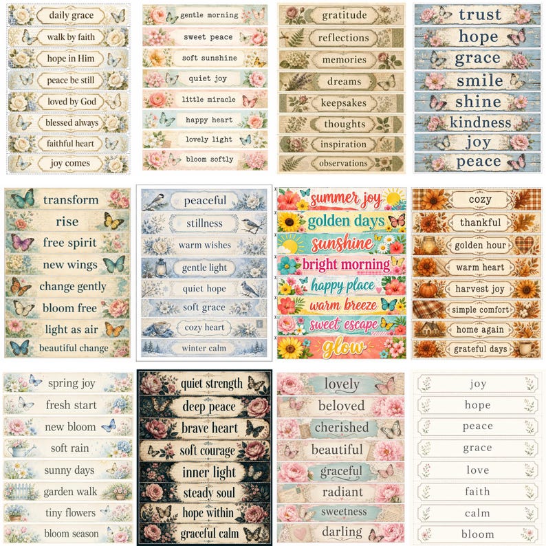 May include: A collection of rectangular labels featuring various inspirational words and phrases, including daily grace, gratitude, trust, summer joy, and cozy, decorated with floral, butterfly, and seasonal patterns in diverse color palettes.
