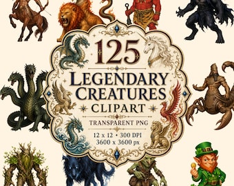 Puede incluir: Una colección digital de 125 imágenes prediseñadas de criaturas legendarias que incluye un centauro, quimera, oni rojo, hombre lobo, hidra, unicornio, grifo, fénix, espíritu arbóreo y duende. El emblema central muestra el texto 125 LEGENDARY CREATURES CLIPART.