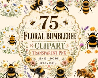 Floral hommel PNG clipart, botanische bij illustraties, aquarel tuin insecten, wilde bloemen bij graphics