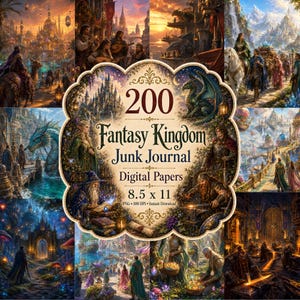 Pode incluir: Uma coleção digital de 200 papéis para junk journal Fantasy Kingdom com várias cenas de castelos, dragões e personagens míticos. A etiqueta central exibe o texto 200 Fantasy Kingdom Junk Journal Digital Papers 8.5 x 11.