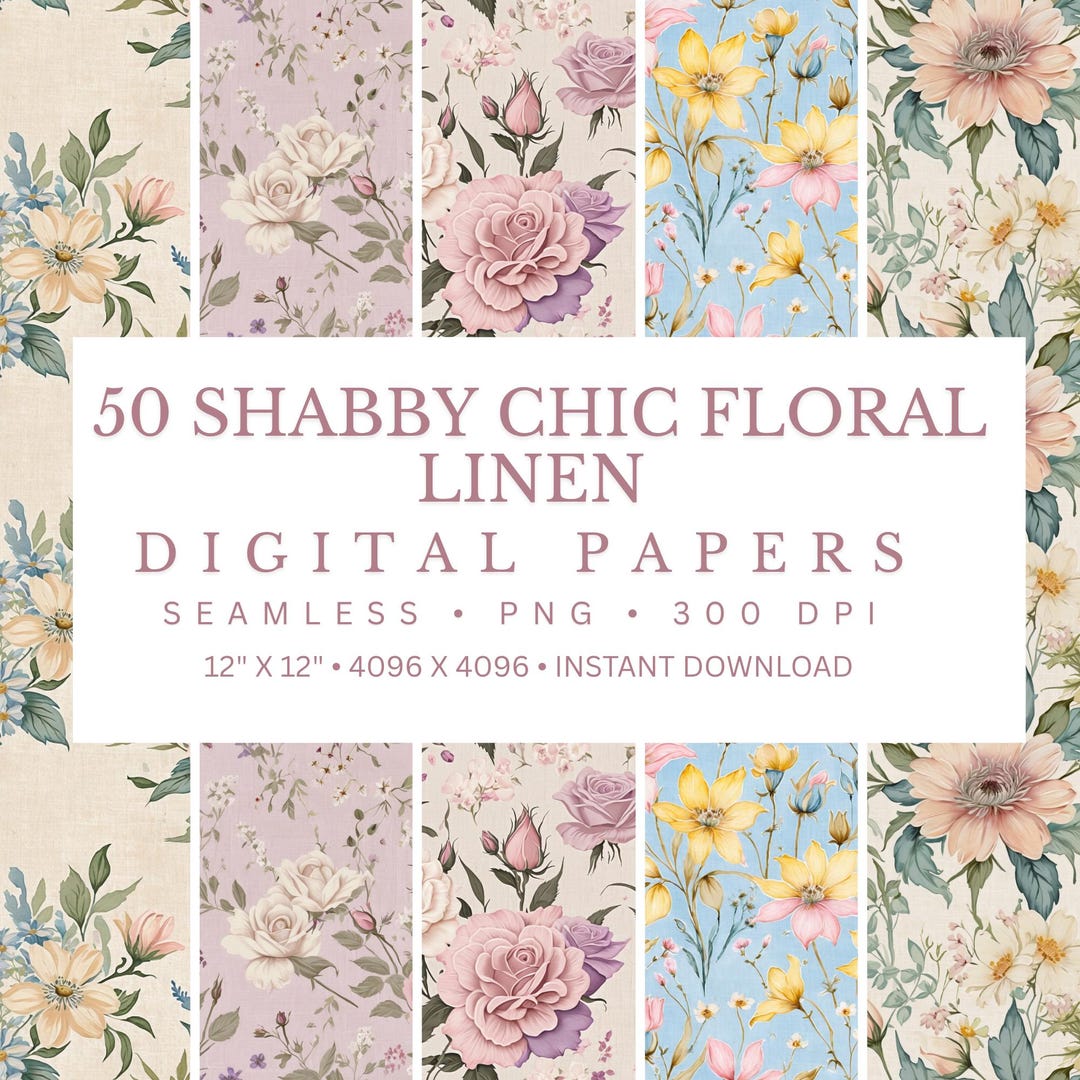 Shabby Chic Floral Linen Digital Papers | Vintage Pastel Patterns ...