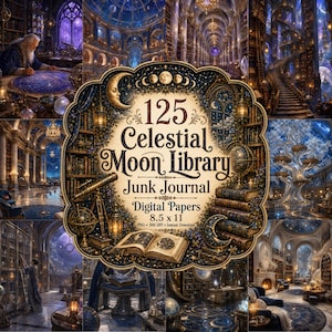 Può includere: Una collezione digitale intitolata 125 Celestial Moon Library Junk Journal Digital Papers 8.5 x 11, con una cornice centrale ornata con testo circondata da varie scene di biblioteche fantasy, telescopi, globi e libri.