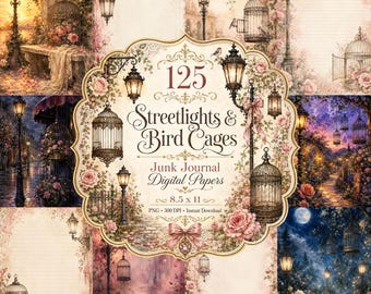 Könnte beinhalten: Eine digitale Papiersammlung mit dem Titel 125 Streetlights & Bird Cages Junk Journal Digital Papers, bestehend aus 8,5 x 11 Zoll großen Blättern mit Illustrationen von verzierten Vogelkäfigen, alten Straßenlaternen und rosa Rosen.