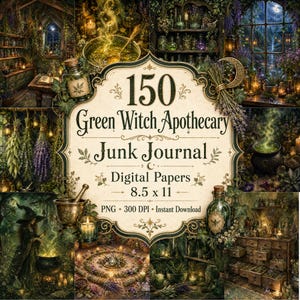 May include: A digital art composition featuring a witch's apothecary theme. The image showcases a collection of 150 digital papers for a junk journal, with a size of 8.5 x 11 inches. The artwork includes various elements like potions, herbs, and a mystical ambiance.