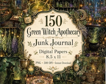 Puede incluir: Composición de arte digital con temática de botica de bruja. La imagen presenta una colección de 150 papeles digitales para un diario basura, con un tamaño de 21.59 cm x 27.94 cm. La obra incluye pociones, hierbas y un ambiente místico.
