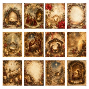 Puede incluir: Una colecci&oacute;n de doce l&aacute;minas rectangulares con diversas representaciones art&iacute;sticas de la escena de la Natividad, incluyendo el pesebre, la Sagrada Familia y pastores, enmarcadas por elementos festivos como flores de pascua, velas y pino.