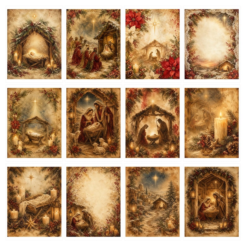Puede incluir: Una colecci&oacute;n de doce l&aacute;minas rectangulares con diversas representaciones art&iacute;sticas de la escena de la Natividad, incluyendo el pesebre, la Sagrada Familia y pastores, enmarcadas por elementos festivos como flores de pascua, velas y pino.