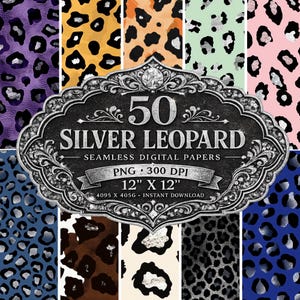 Puede incluir: Una colección de arte digital con 50 papeles de estampado de leopardo sin costuras. Los diseños muestran varias paletas de colores, incluyendo púrpura, amarillo, naranja y rosa, con manchas de leopardo plateadas. Cada papel mide 30.48 cm x 30.48 cm.