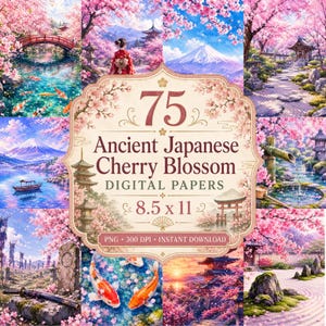 Peut inclure: Ensemble de papiers numériques avec 75 motifs de fleurs de cerisier japonais anciens. Les images présentent des paysages japonais traditionnels avec des fleurs de cerisier, des pagodes et des carpes koï. Format papier 21,59 x 27,94 cm.
