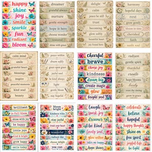 May include: A collection of rectangular sticker sheets featuring floral patterns, butterflies, and inspirational text phrases such as happy, shine, joy, smile, sparkle, fun, radiant, bloom, dreamer, grateful always, nurture, gentle strength, and hope is here.